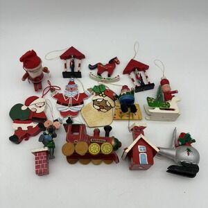 Lot Of 13 VTG wooden ornaments Santa, Train ,Nutcracker, House, Horse, Chimney